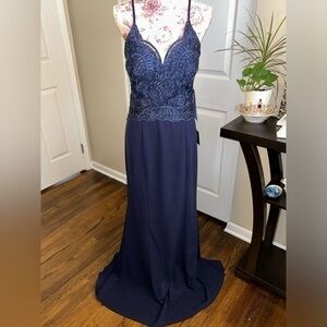 🌹Soiéblu Prom Homecoming Evening Formal Dress Backless Lace & Crepe Blue Gown L